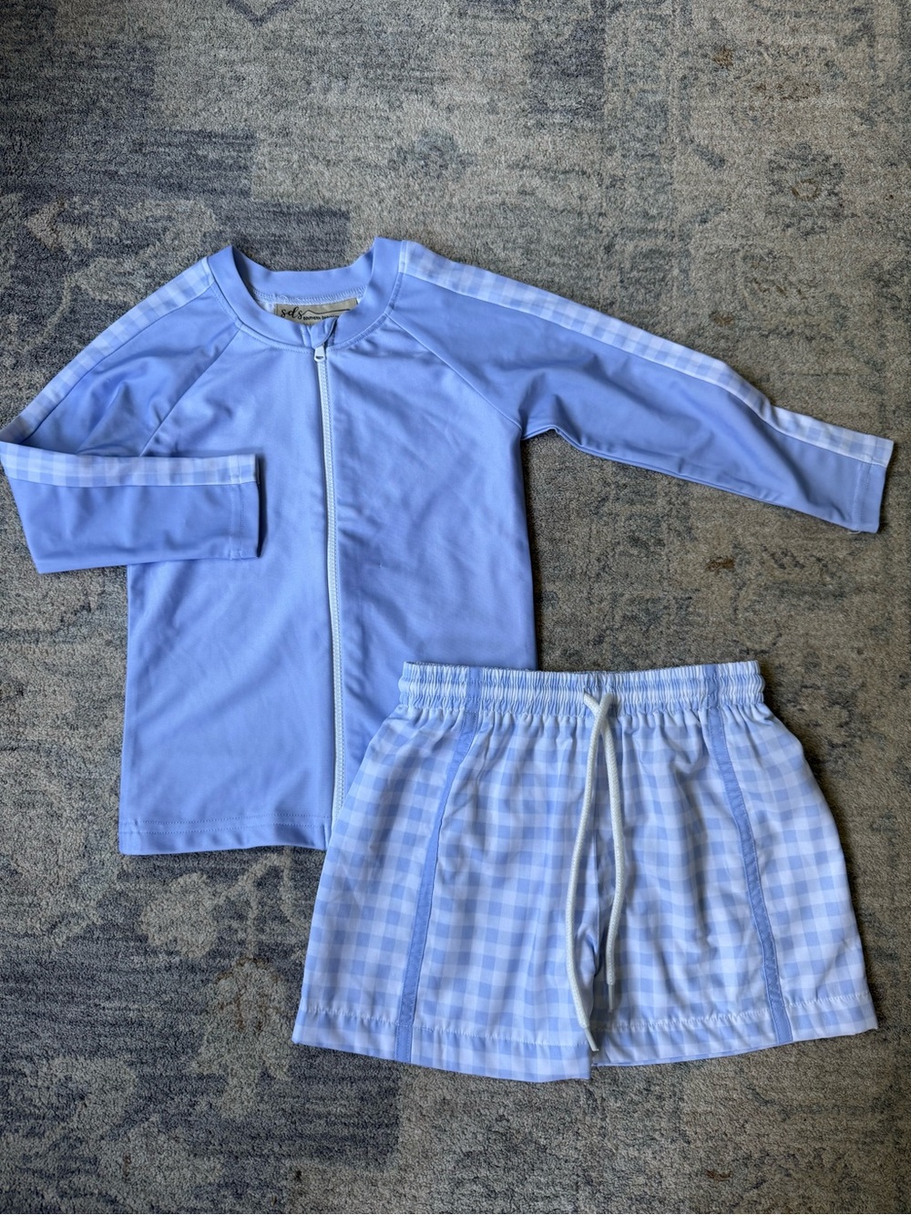 Southern Darlin Smocks 2pc Boys Swim Set 4T Light Blue Gingham Rash Guard Trunks